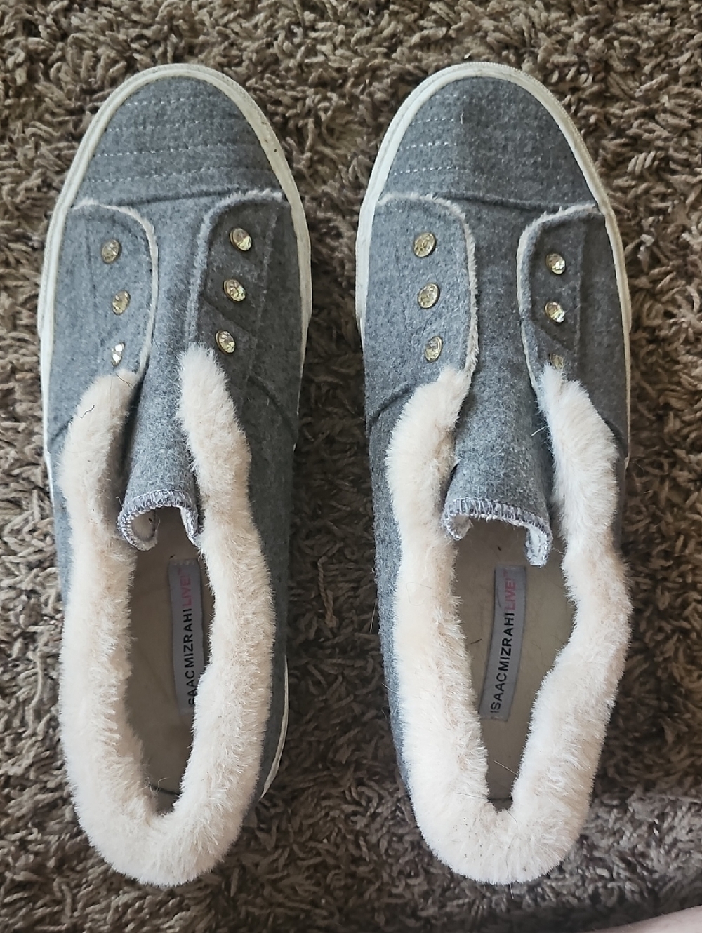 Isaac Mizrahi Gray Slip-On Sneakers with Cream Faux Fur Trim